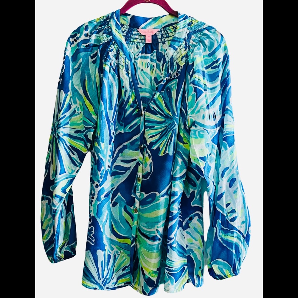 LILLY PULITZER ELSA BUTTON FRONT BECKON PALM PASSAGE BLOUSE TOP SIZE MEDIUM